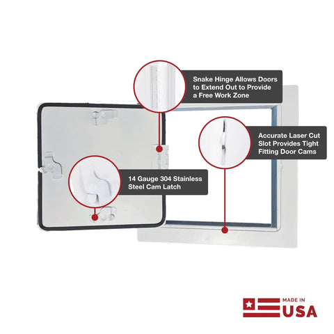 Heavy Duty 24x24 Metal Access Door With Neoprene Gasket Built Like A Tank For Drywall Ceilings And Walls USA Made showing snake hinge and cam latch.