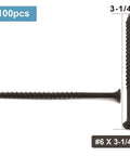 #6 x 3-1/4 Inch Stainless Steel Wood Screws 100 Pack Black Phosphate Coated Truss Head Self Tapping Drywall Fasteners displayed with size indication.