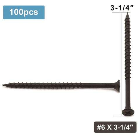 #6 x 3-1/4 Inch Stainless Steel Wood Screws 100 Pack Black Phosphate Coated Truss Head Self Tapping Drywall Fasteners displayed with size indication.