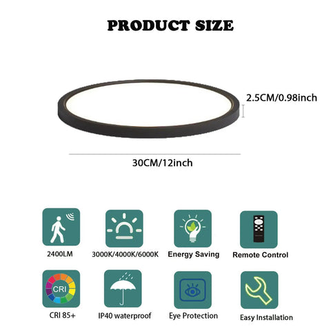 12 Inch Dope Motion Sensor Ceiling Light LED Flush Mount For Indoor Use Auto On In The Dark For Closet Hallway Porch Laundry Garage Basement 5 To 20 Feet Range 3000K 4000K 6000K Black Finish, showing dimensions and features icons