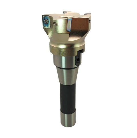 R8 Shank Two Point Five Inch End Mill With Replaceable Carbide Inserts for steel cutting, 90 degree, side view