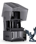 Saturn 4 Ultra 16K Resin 3D Printer With 10 Inch Mono LCD, shown with flip-up lid and detailed dragon model.