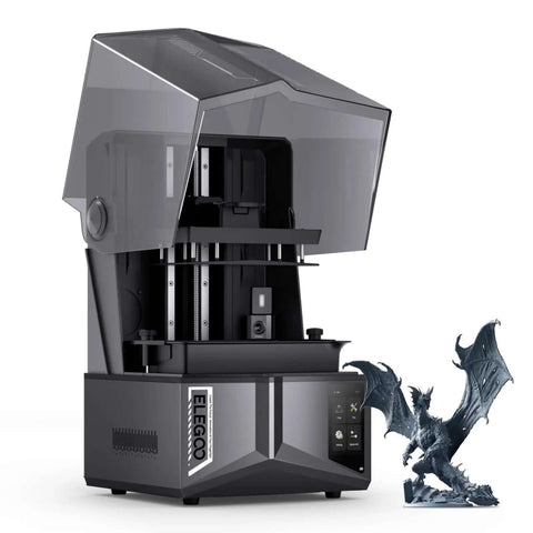 Saturn 4 Ultra 16K Resin 3D Printer With 10 Inch Mono LCD, shown with flip-up lid and detailed dragon model.