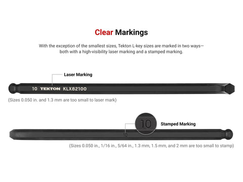 Laser and stamped markings on Ball End Hex L Key Set 28 Piece With Inch And Metric Sizes High Leverage Hex Keys In Black And Red Holders