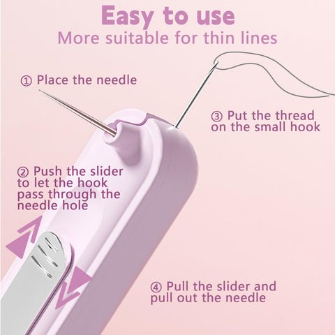 Multifunctional Needle Threader Kit For Hand And Machine Sewing With 2 In 1 Automatic Threaders step-by-step threading instructions