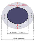 Diagram of Glass Lazy Susan With Durable Metal Base 360 Degree Rotation showing dimensions, including cutlery lead space and turntable diameter.
