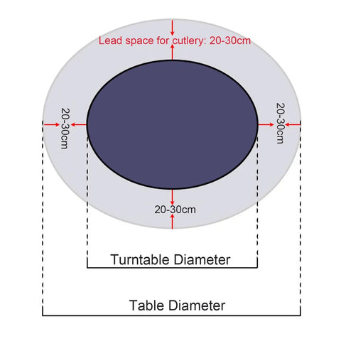 Diagram of Glass Lazy Susan With Durable Metal Base 360 Degree Rotation showing dimensions, including cutlery lead space and turntable diameter.