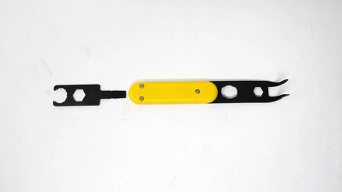 Solar Serpent 5 In 1 Multipurpose Solar Connector Tool with yellow handle and MC4/H4 wrenches displayed on white background.