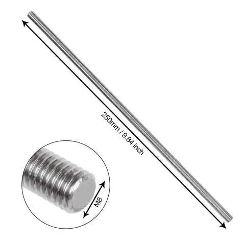 10 Pack M8 x 250mm Fully Threaded Stainless Steel Rods 304 Grade Right Hand Thread 1.25mm Pitch Long Threaded Screws
