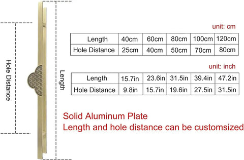 Diagram of Two Sided Aluminum Sliding Glass Door Handle Set dimensions with lengths and hole distances in cm and inches.