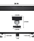 Black Sleek 36 Inch Linear Shower Floor Drain Kit in 304 Stainless Steel with dimensions and adjustable feet shown.