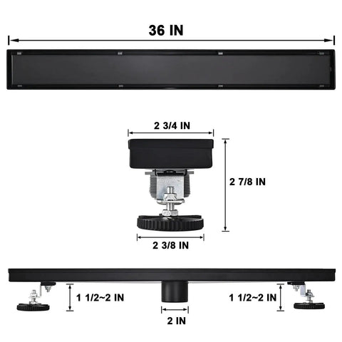 Black Sleek 36 Inch Linear Shower Floor Drain Kit in 304 Stainless Steel with dimensions and adjustable feet shown.