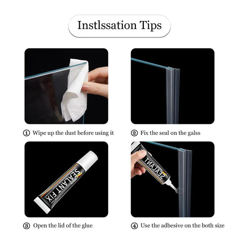 Installation steps for 100 Inch Silicone Glass Shower Door Seal Strip For Quarter Inch Frameless Glass side sweep adhesive