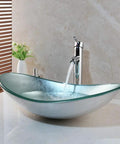Artistic Tempered Glass Oval Vessel Sink Above Counter with Chrome Faucet and Pop Up Drain in Silver Finish Durable Brass Faucet Smooth Glass Basin
