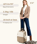 Rolling laptop backpack on wheels, beige and tan two-tone with telescoping handle; carried by a woman