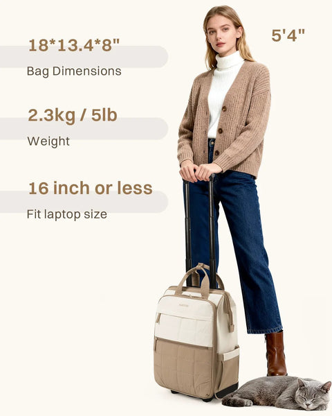 Rolling laptop backpack on wheels, beige and tan two-tone with telescoping handle; carried by a woman