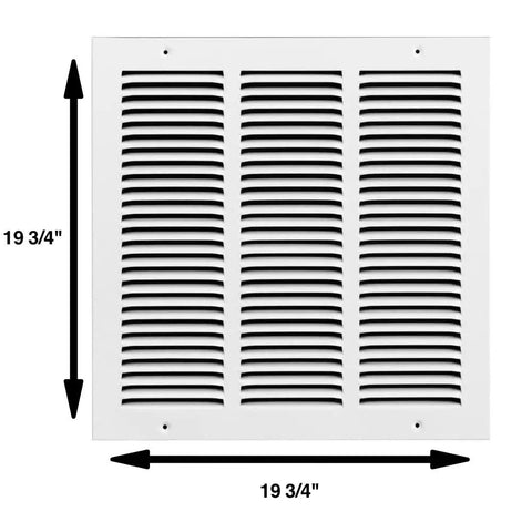 Beefy Heavy Duty Steel Air Return Grille For 18 By 18 Inch Duct Opening With Louvered Design, Paintable Matte White Finish, Includes Screws And Installation Kit, Actual Dimensions 19.75 By 19.75 Inches, shown with dimensions.