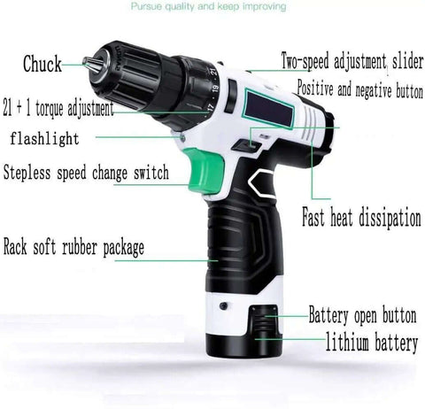 Heavy Duty Cordless Lithium Hammer Drill Impact Driver Kit With 25 Plus One Torque Settings Variable Speed Trigger Grip showing torque adjustment and features.