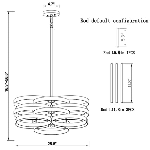 Diagram of Six Light Modern Farmhouse Chandelier With Stacked Ring Design In Black Metal And Gold Interior dimensions and rod configuration