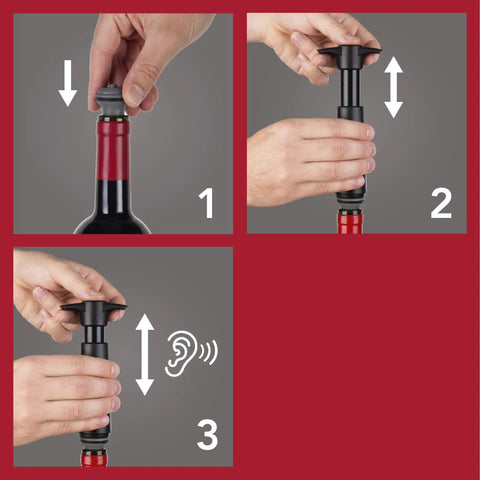 How to use Three Pack Vacuum Wine Stoppers Set For All Bottle Sizes Reusable Rubber Cork Alternative with wine saver pump process