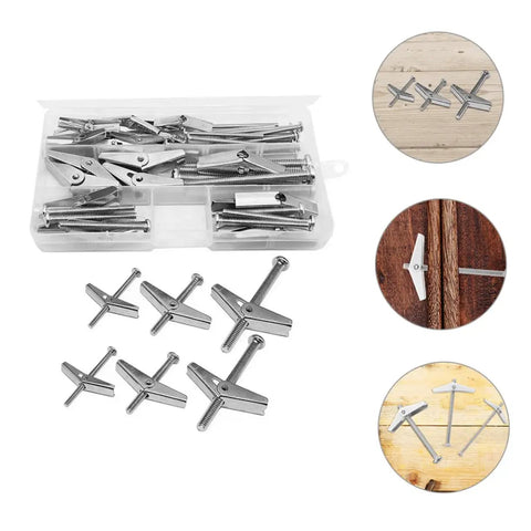 Heavy Duty Toggle Bolts and Wing Nut Kit Wall Anchors for easy installation in drywall shown with 1/8 in, 3/16 in, and 1/4 in sizes