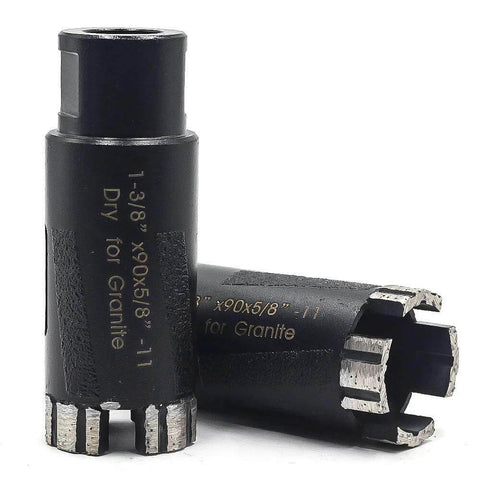 Close-up of two Diapro 1-3/8 in dry diamond core drill bits with 5/8-11 threads for granite