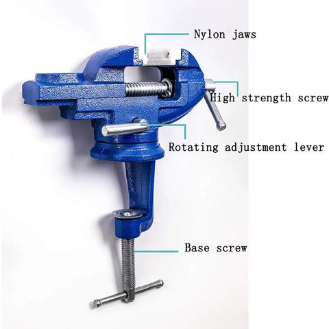 Mini Home Clamp-On Vise With Nylon Jaws, 2-Inch Jaw, 2.2-Inch Opening, Lightweight 1470g, The Go-To Tool For Electronics, Jewelry, Hobby, Model Making And Small Bench Projects blue clamp-on vise with swivel base