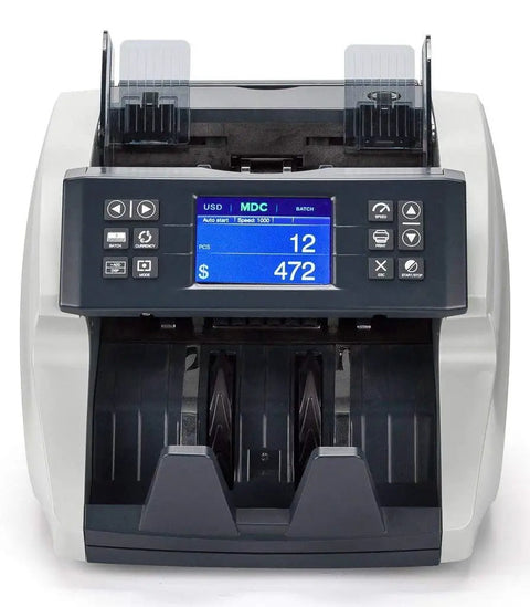 Front view of mixed denomination bill counter machine with UV MG MT IR detection for worldwide use, black and white design.