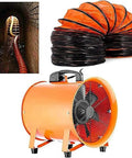 Badass Portable Fume Extractor With 220V High Velocity Industrial Blower For Garages And Workshops Plus Flexible PVC Duct displayed with duct and fan.