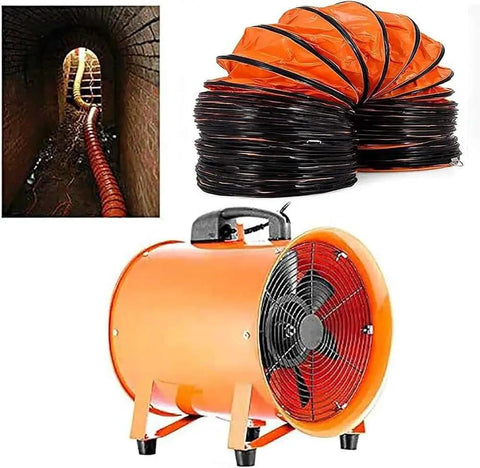 Badass Portable Fume Extractor With 220V High Velocity Industrial Blower For Garages And Workshops Plus Flexible PVC Duct displayed with duct and fan.