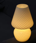 Tall Mushroom Glass Table Lamp With Romantic 12 Inch Vintage Swirl Mid Century Design, soft glow in a dim room setting