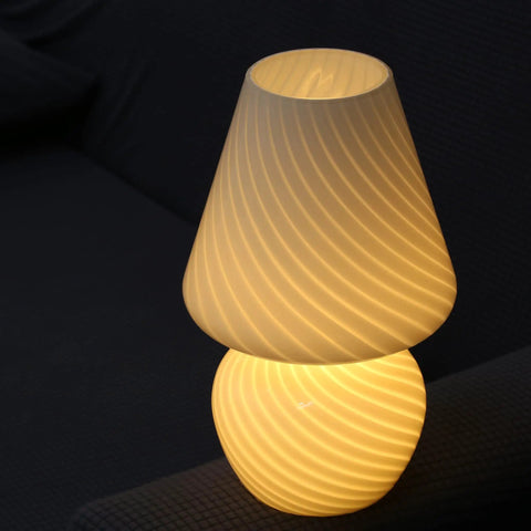 Tall Mushroom Glass Table Lamp With Romantic 12 Inch Vintage Swirl Mid Century Design, soft glow in a dim room setting