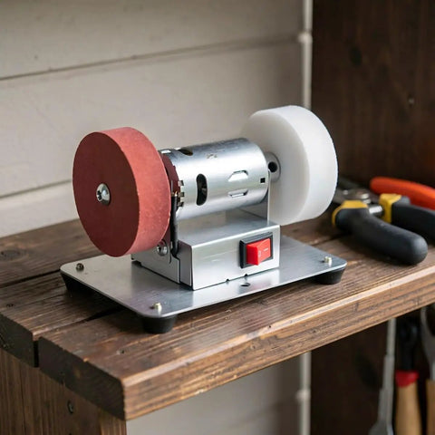 Badass Household Bench Grinder And Electric Sharpening Tool For Metal Tools Shears And Kitchen Knives Easy Rust Removal With Mirror Polish Finish on a wooden shelf.
