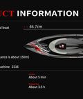 Top view of Rad Remote Control Speed Boat With LED Lights And Waterproof Roof And 2.4 GHz Control dimensions 46.7x14x13 cm