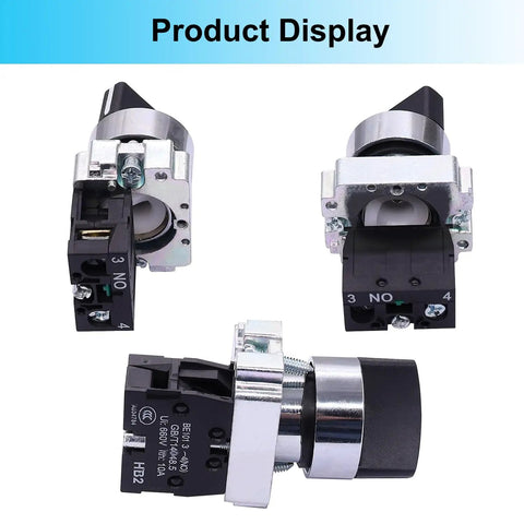 2 Pack 22mm 2 Position Maintained Selector Switch 1NO 10A 440V Latching Rotary Switch With Metal Head For Industrial Control Panels And Machine Control Push Button Style HB2 BD21, side and rear views