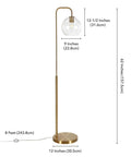 Arc Floor Lamp With Glass Shade In Brass And Clear Finish, 62 Inches Tall, Killer Reading Light Over Sofa Or Armchair, Milk Glass Globe Delivers Soft Diffused Ambient Glow shown measuring 62 inches tall.