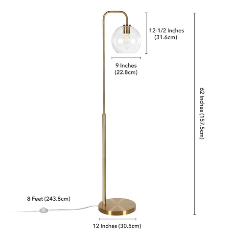Arc Floor Lamp With Glass Shade In Brass And Clear Finish, 62 Inches Tall, Killer Reading Light Over Sofa Or Armchair, Milk Glass Globe Delivers Soft Diffused Ambient Glow shown measuring 62 inches tall.