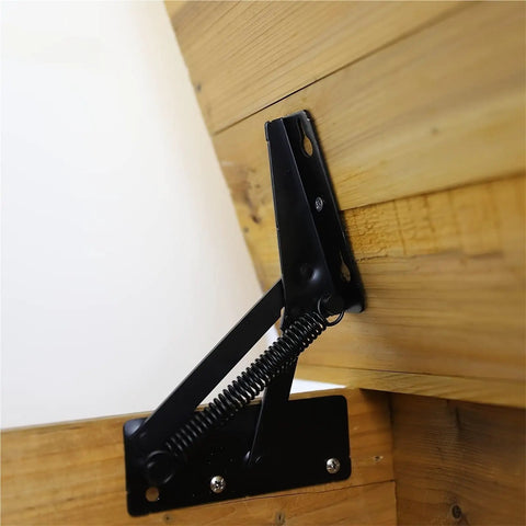 80 Degree Spring Lift Top Hinge for cabinets and beds in steel, mounted on wooden panel showcasing sturdy lift mechanism.
