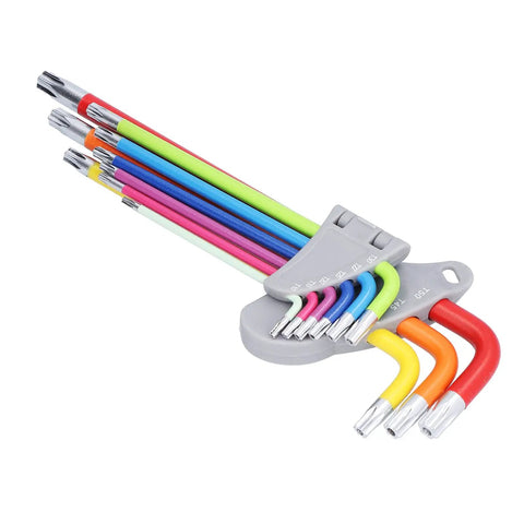 Top Notch Professional Star Hex Key Wrench Set Made From Heavy Duty Chrome Vanadium Steel Long Arm Torx Tool Kit With Zero Rebound Design For Real Mechanics And Serious DIY Projects In Sizes T10 Through T50 That Rock. Color-coded Torx key set in holder, T10-T50.