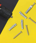 Heavy Duty Steel Hollow Wall Anchors With Screws Kit for Drywall and Plaster Walls, screws and anchors on yellow and black background
