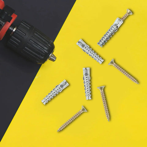 Heavy Duty Steel Hollow Wall Anchors With Screws Kit for Drywall and Plaster Walls, screws and anchors on yellow and black background