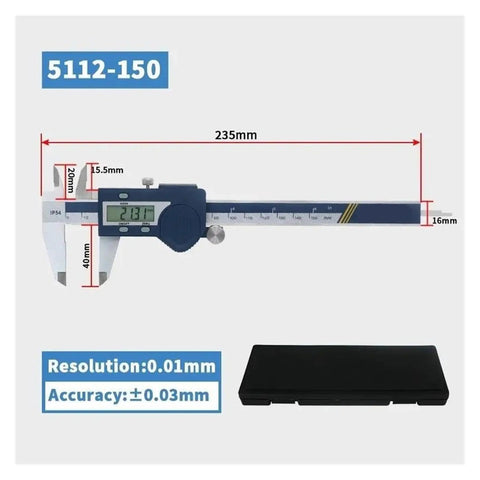 VZDRHYURI IP54 Vernier Digital Caliper Stainless Steel 150 mm with display and measurement details shown.
