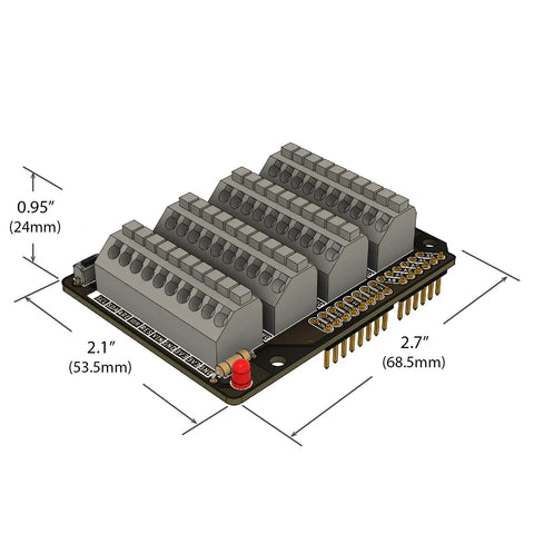 Arduino Uno R3 Compatible Terminal Block Shield Kit with Push In Spring Connectors, dimensions and layout view.