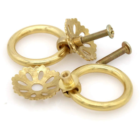 Set Of 6 Vintage Gold Brass Ring Pulls With Hollow Dome Base Flower Like Design For Cabinets Solid Brass Hardware