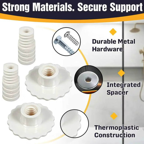 Universal Grab Bar Mounting Kit For Fiberglass Showers With Adjustable Spacers, durable hardware and integrated spacers shown.