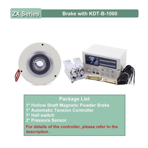 Thin Magnetic Powder Brake Tension Controller Kit components with KDT-B-1000, control panel, sensors, and brake unit.