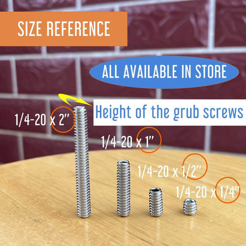 Size comparison of five-piece 1/4-20 x 2 inch stainless steel set screws cup point grub screws fully threaded internal hex socket