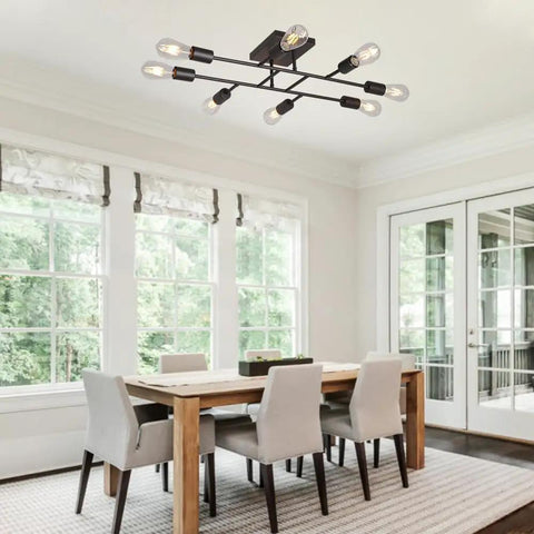 Dining room with Eight Light Sputnik Chandelier In Oil Rubbed Bronze, Vintage Mid Century Semi Flush Mount Ceiling Fixture