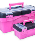 Pink Tool Box Set For Women, Large 16.5 inch and Small 10 inch plastic boxes with handles and locking lids, ideal for crafts and DIY.