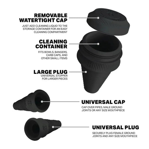 Cleaning Plugs Pro Set With Silicone Stoppers and Cleaning Container, featuring universal caps and plugs for glassware pipes.